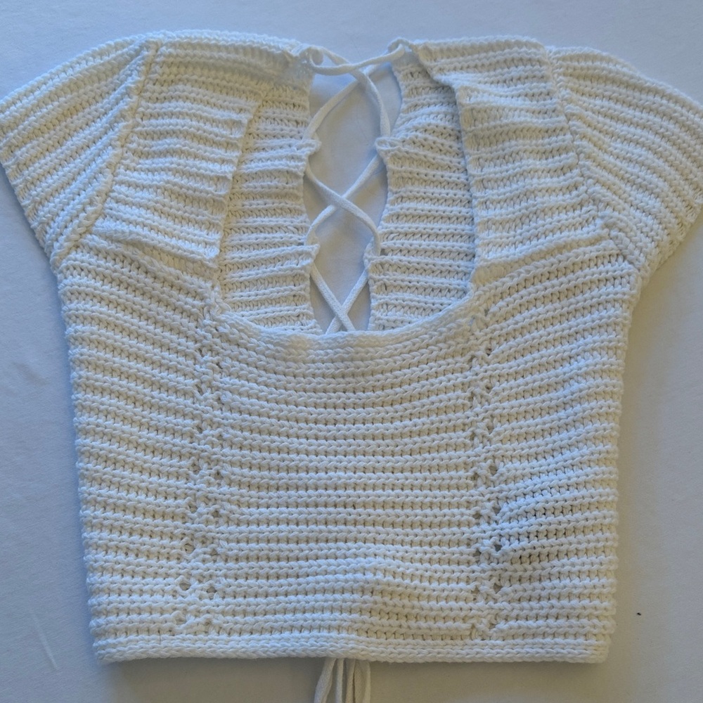 Amenah Knit White Crocheted Lace-Up Crop Top